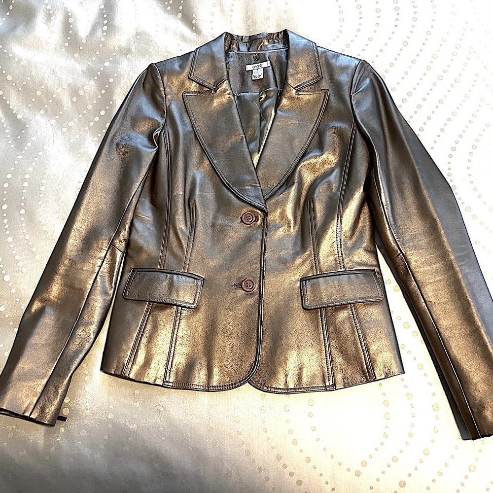 Vintage Caché Sz 8 Gold Leather Blazer Jacket Fitted